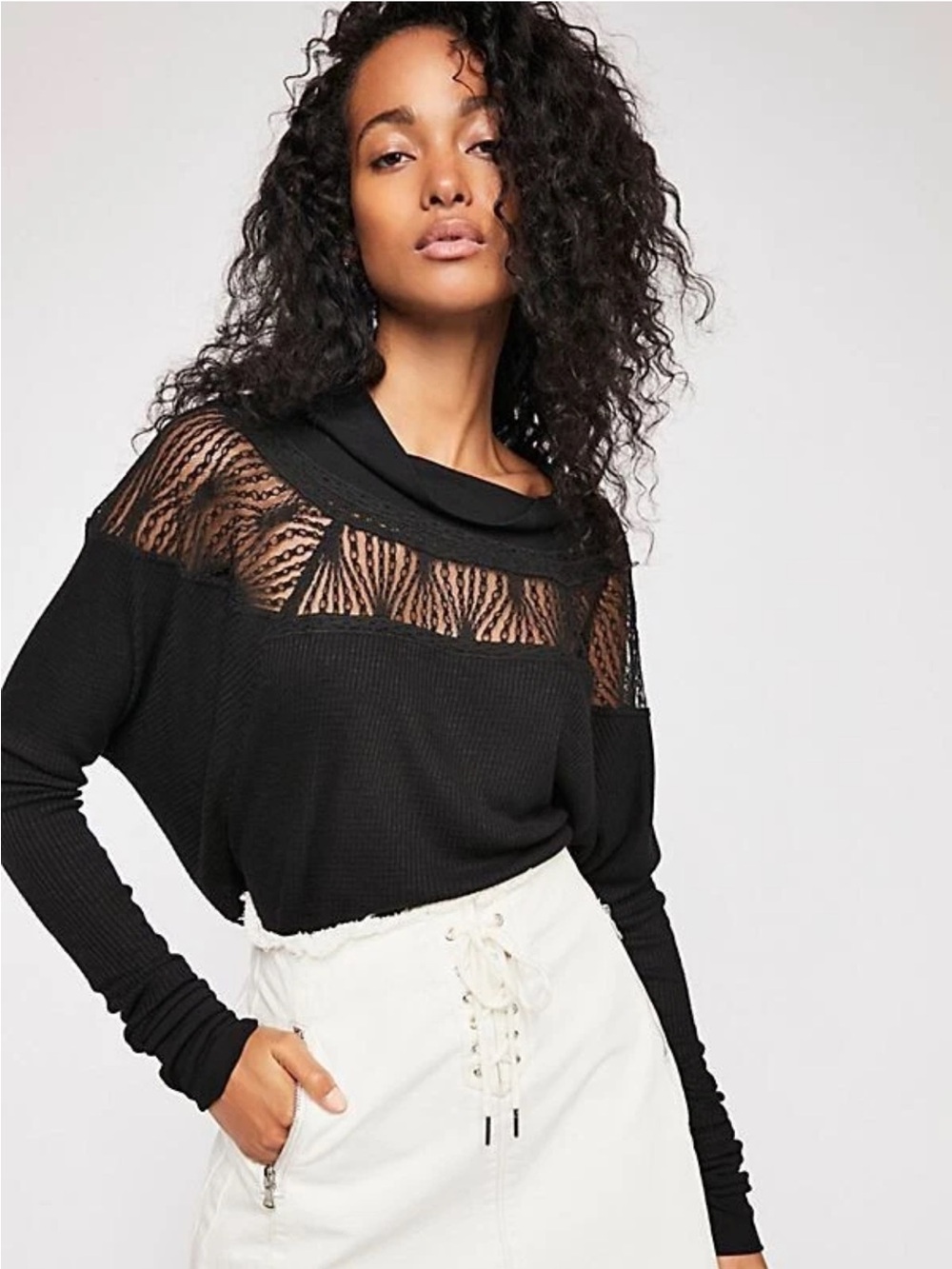 Free People Spring Valley Top Blk Lace Waffle Knit Relaxed Size S Distressed